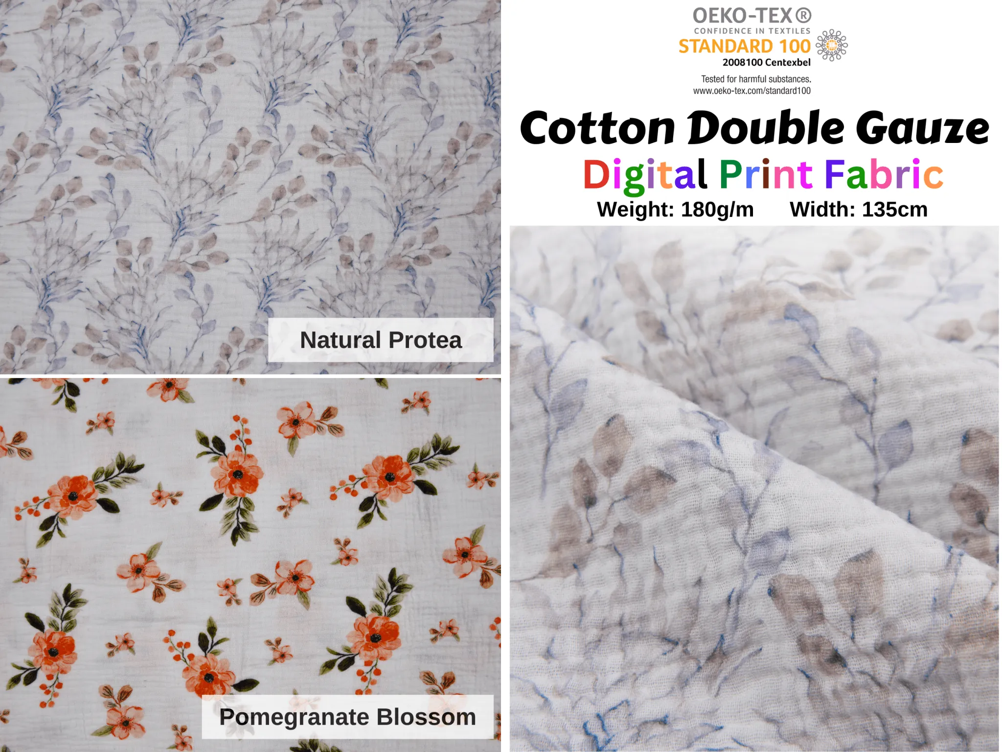 100% Cotton Double Gauze /Muslin Flower Digital Prints Fabric -6661