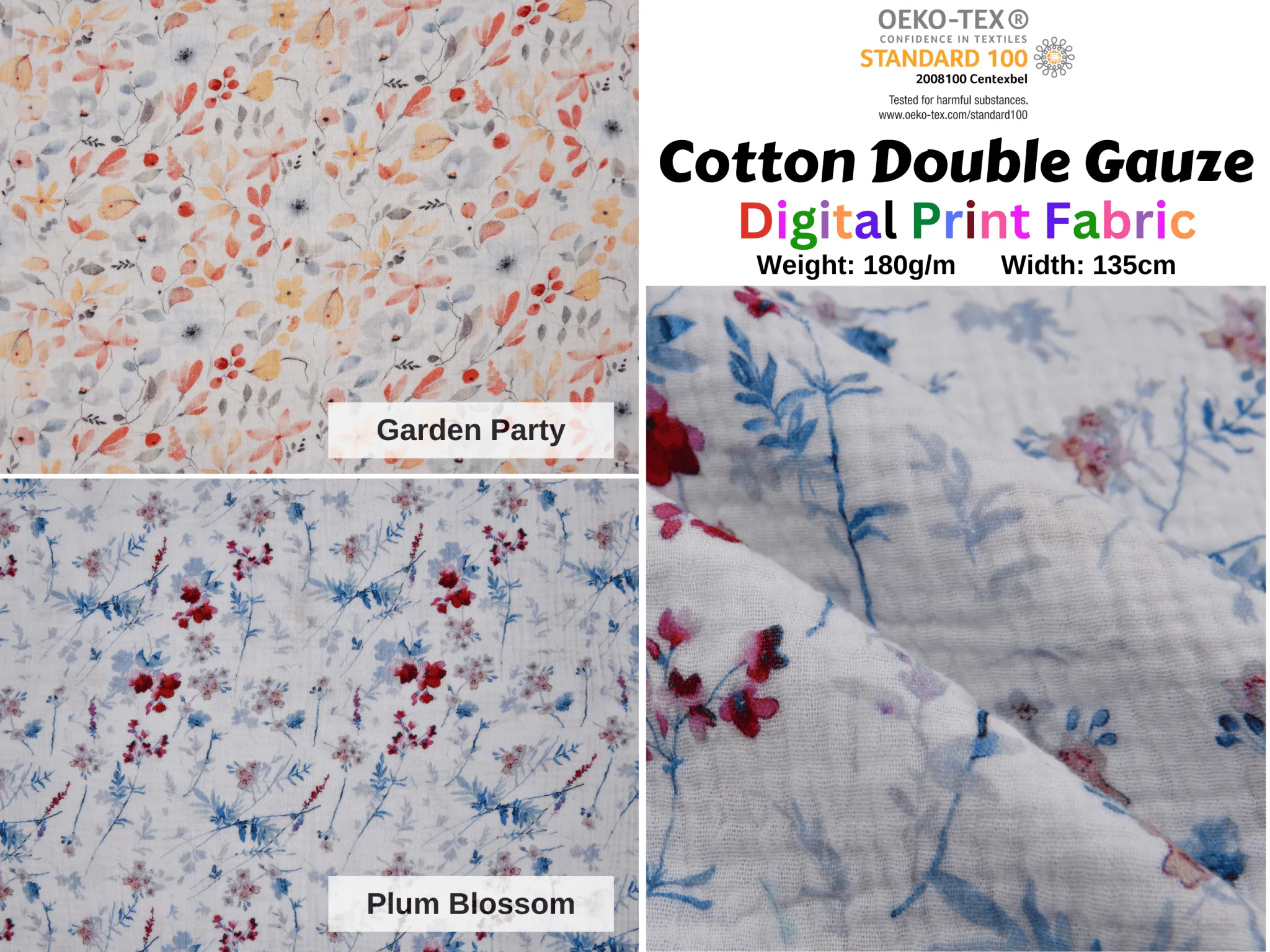 100% Cotton Double Gauze /Muslin Flower Digital Prints Fabric -6661