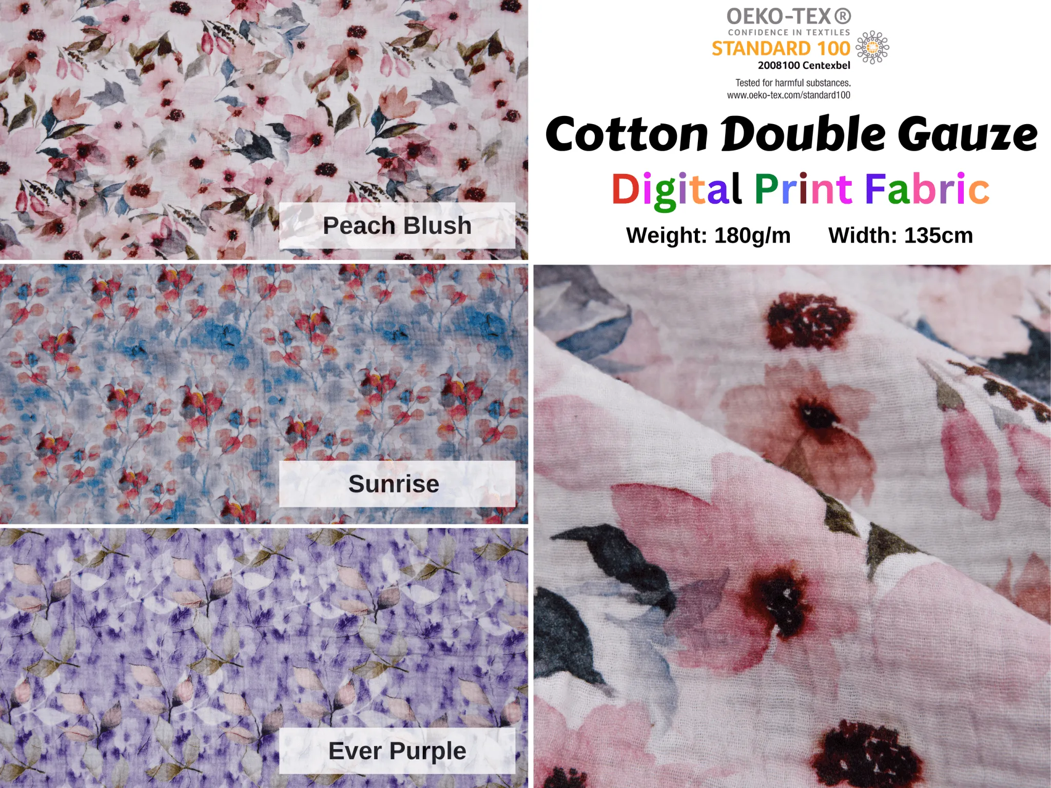 100% Cotton Double Gauze /Muslin Flower Digital Prints Fabric -6661