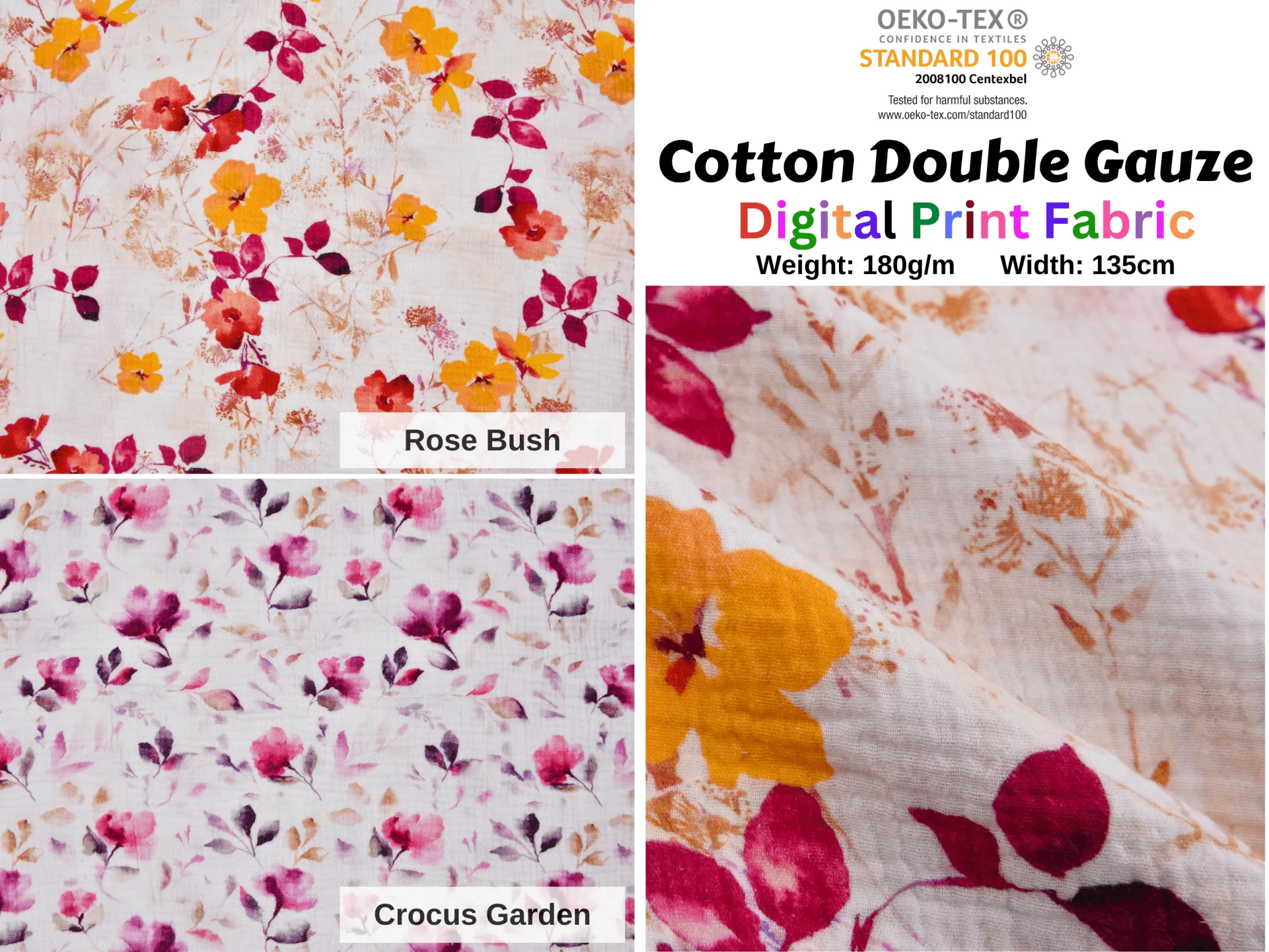 100% Cotton Double Gauze /Muslin Flower Digital Prints Fabric -6661