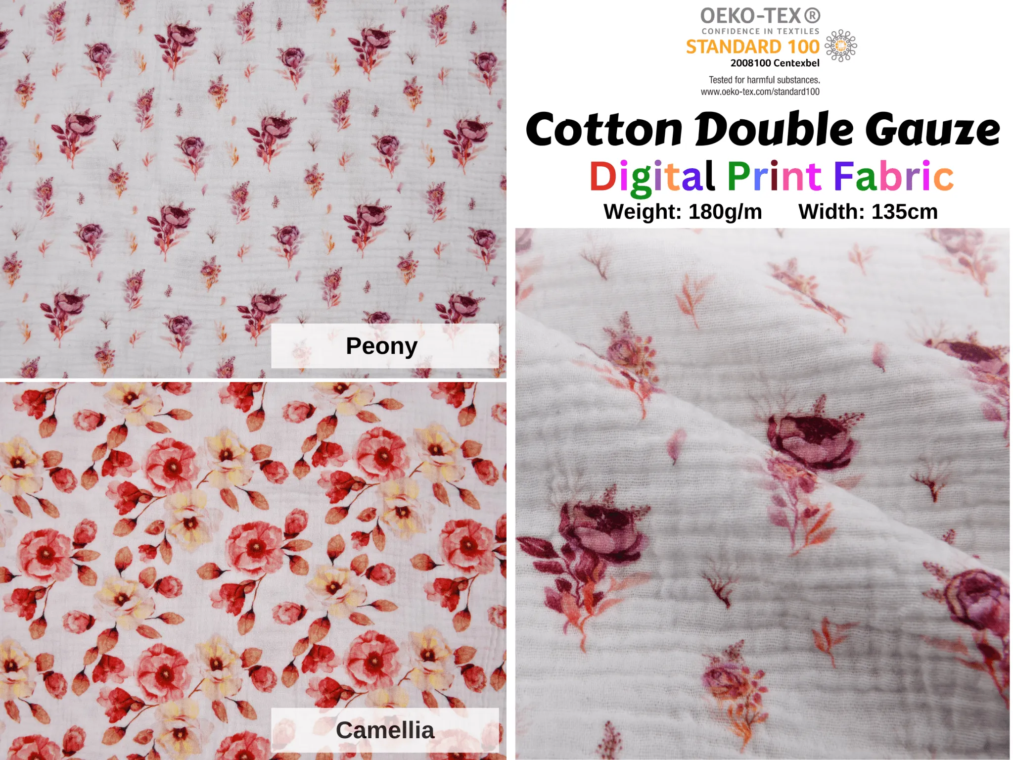 100% Cotton Double Gauze /Muslin Flower Digital Prints Fabric -6661