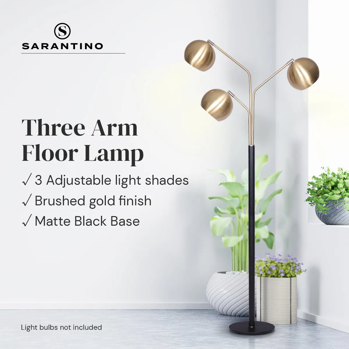 Adjustable 3-Arm Arc Lamp with Gold Finish & Black Base