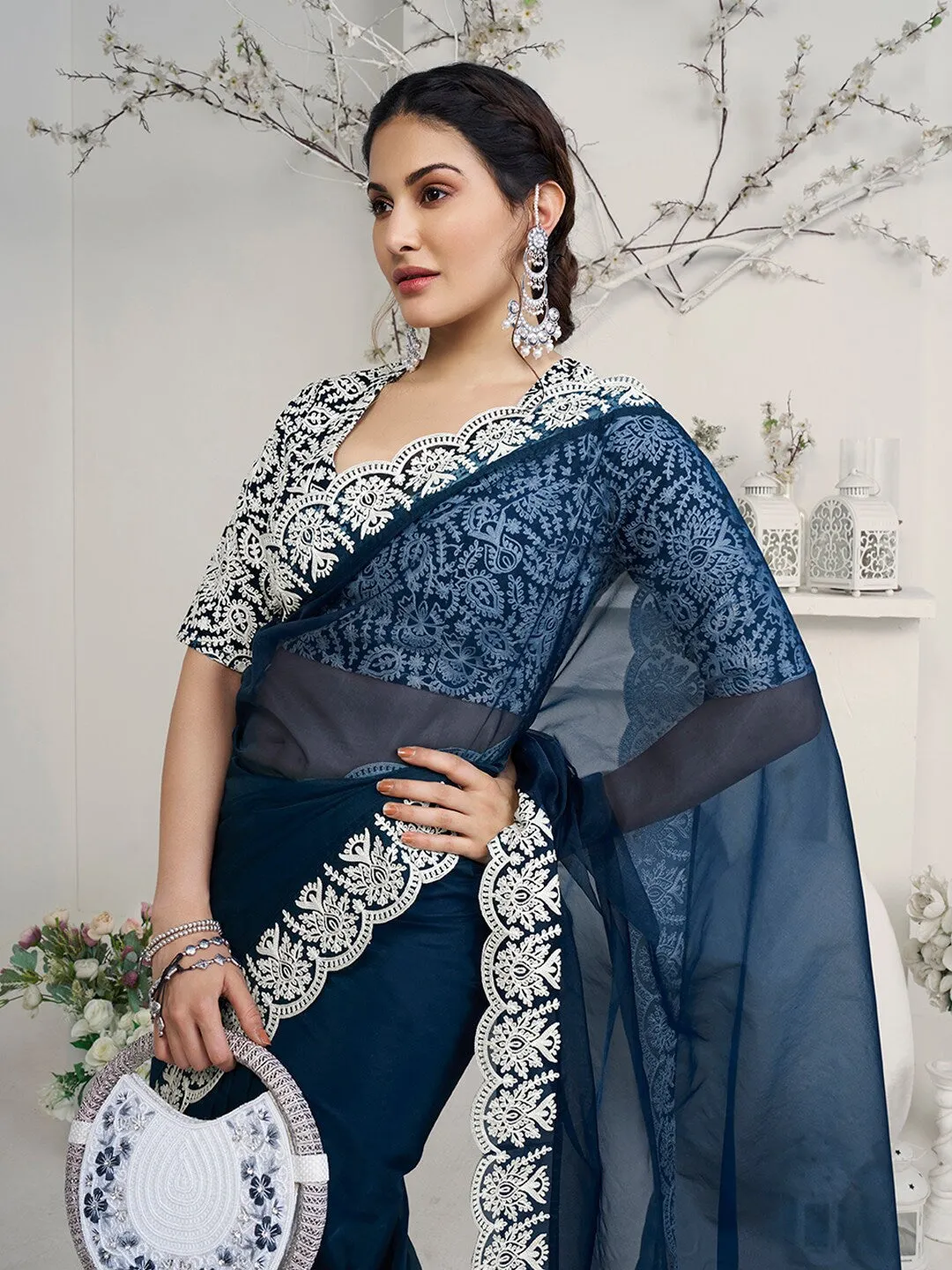 Amyra Dastur Navy Blue Embroidered Woven Design Organza Saree