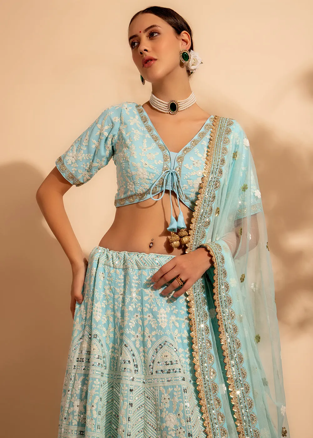 Attractive Sky Blue Bridesmaid Style Wedding Lehenga Choli