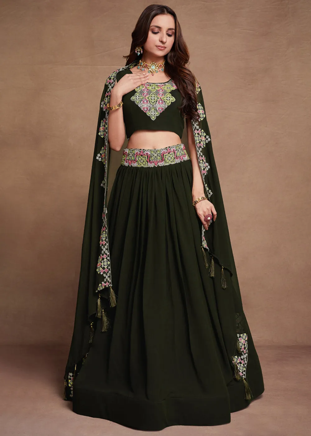 Blooming Georgette Green Embroidered Festive Lehenga Choli