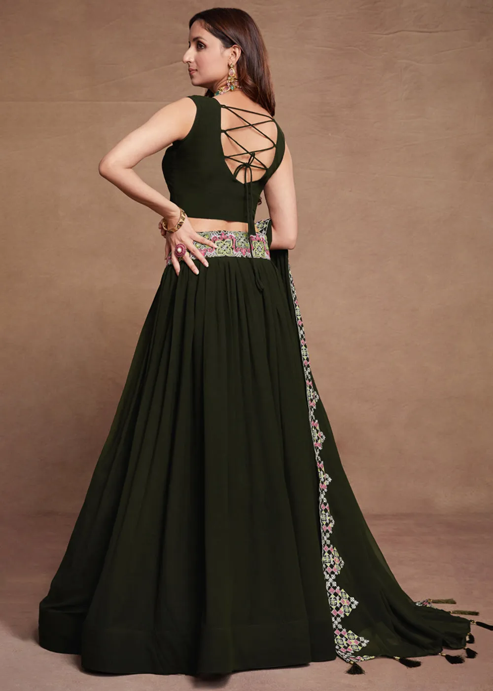 Blooming Georgette Green Embroidered Festive Lehenga Choli