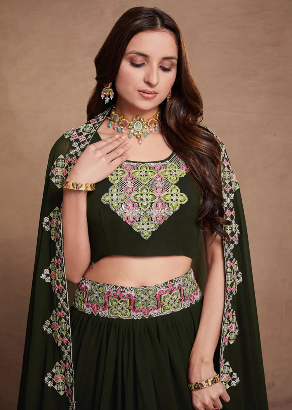 Blooming Georgette Green Embroidered Festive Lehenga Choli