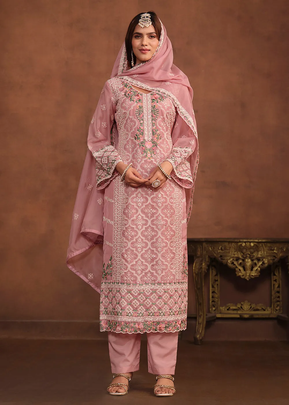 Blush Pink Soft Organza Embroidered Festive Salwar Suit