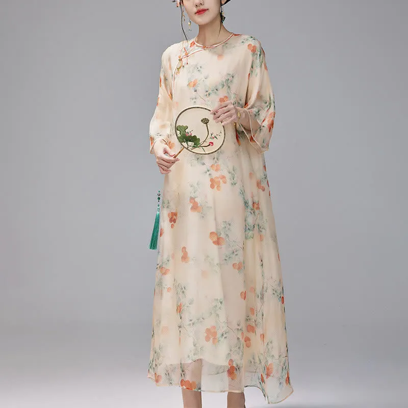 Buddha Stones 100% Mulberry Silk 6 Momme Dress Vintage Loose Lychee Fruit Tree Patttern Qipao Dress Women's Cheongsam Dress