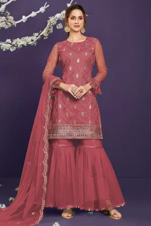 Butterfly Net Rosewood Pink Premium Embroidered Gharara Suit