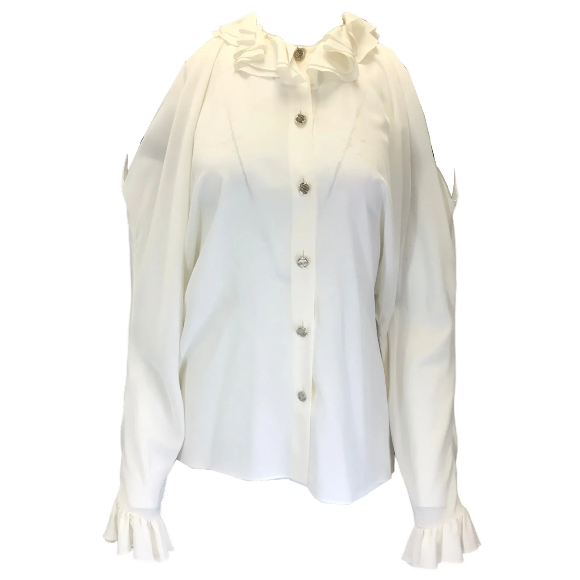 Chanel Ivory CC Logo Buttoned Cold Shoulder Silk Blouse