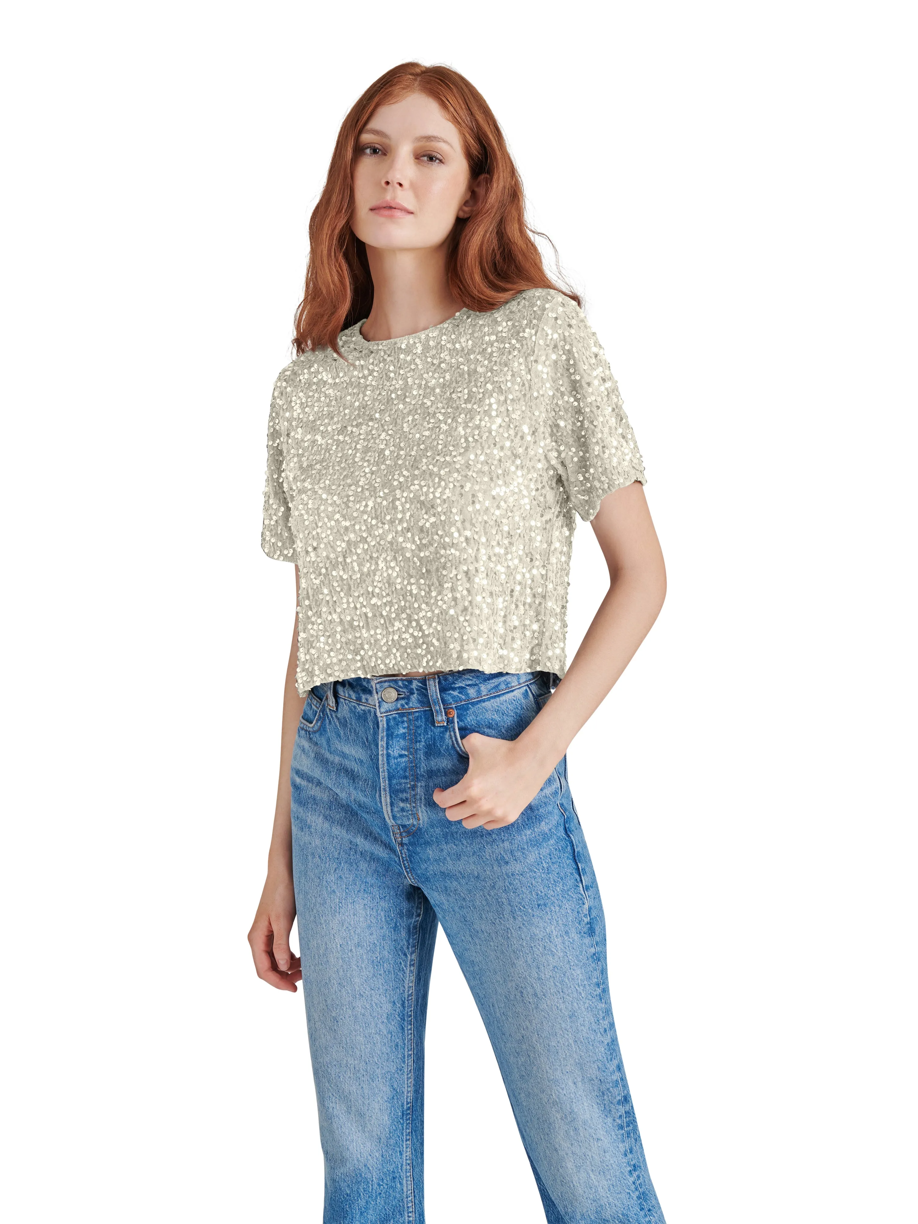 Cressa Sequin Velvet Top, Ivory | Steve Madden