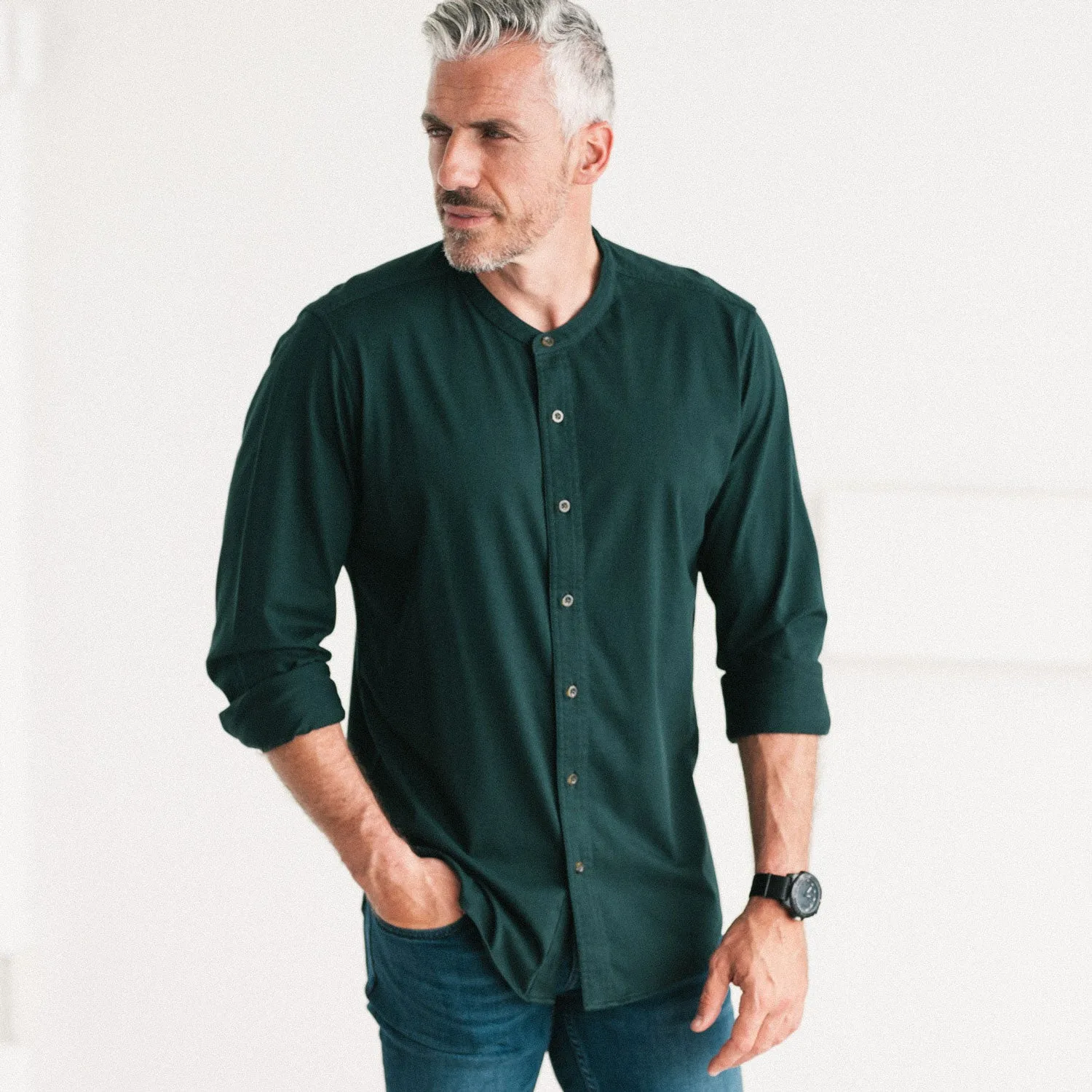 Essential Band Collar T-Shirt Shirt - Evergreen Cotton Jersey