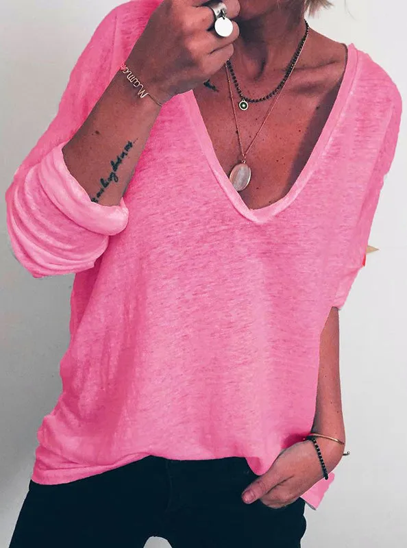 Fashion casual loose long sleeve V-neck printed T-shirt