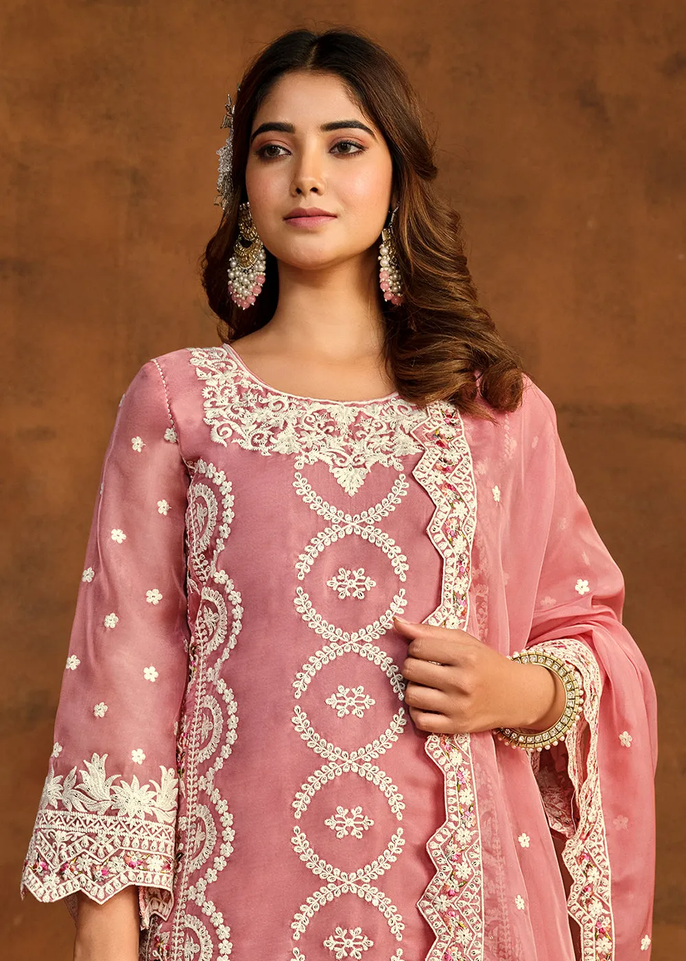 Festive Style Pink Soft Organza Pant Style Salwar Suit