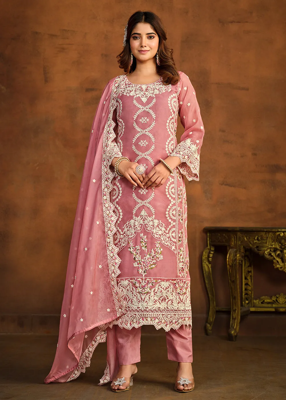 Festive Style Pink Soft Organza Pant Style Salwar Suit