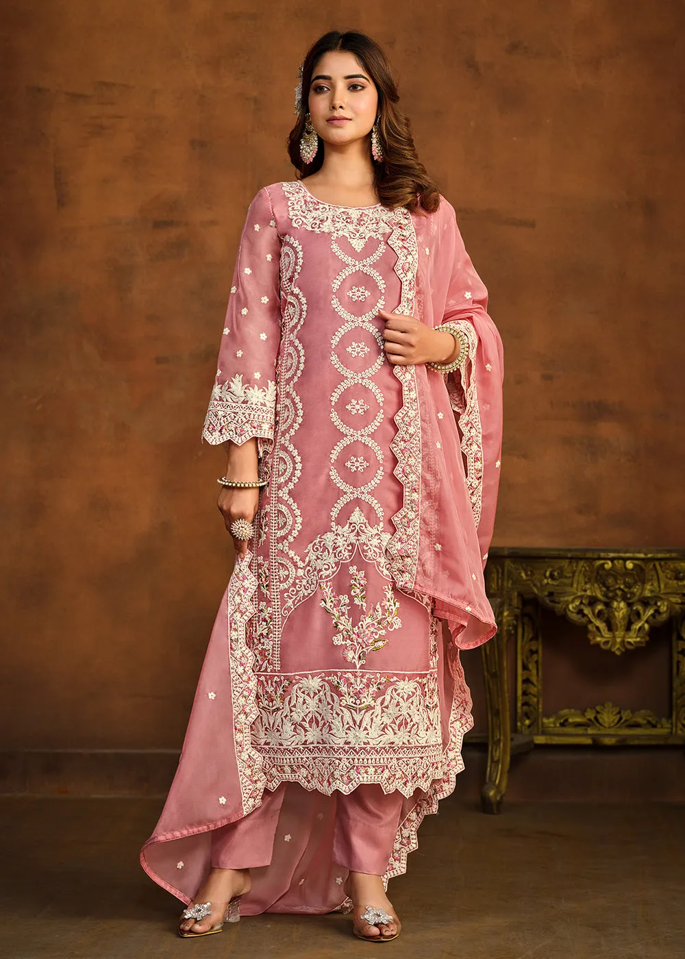 Festive Style Pink Soft Organza Pant Style Salwar Suit