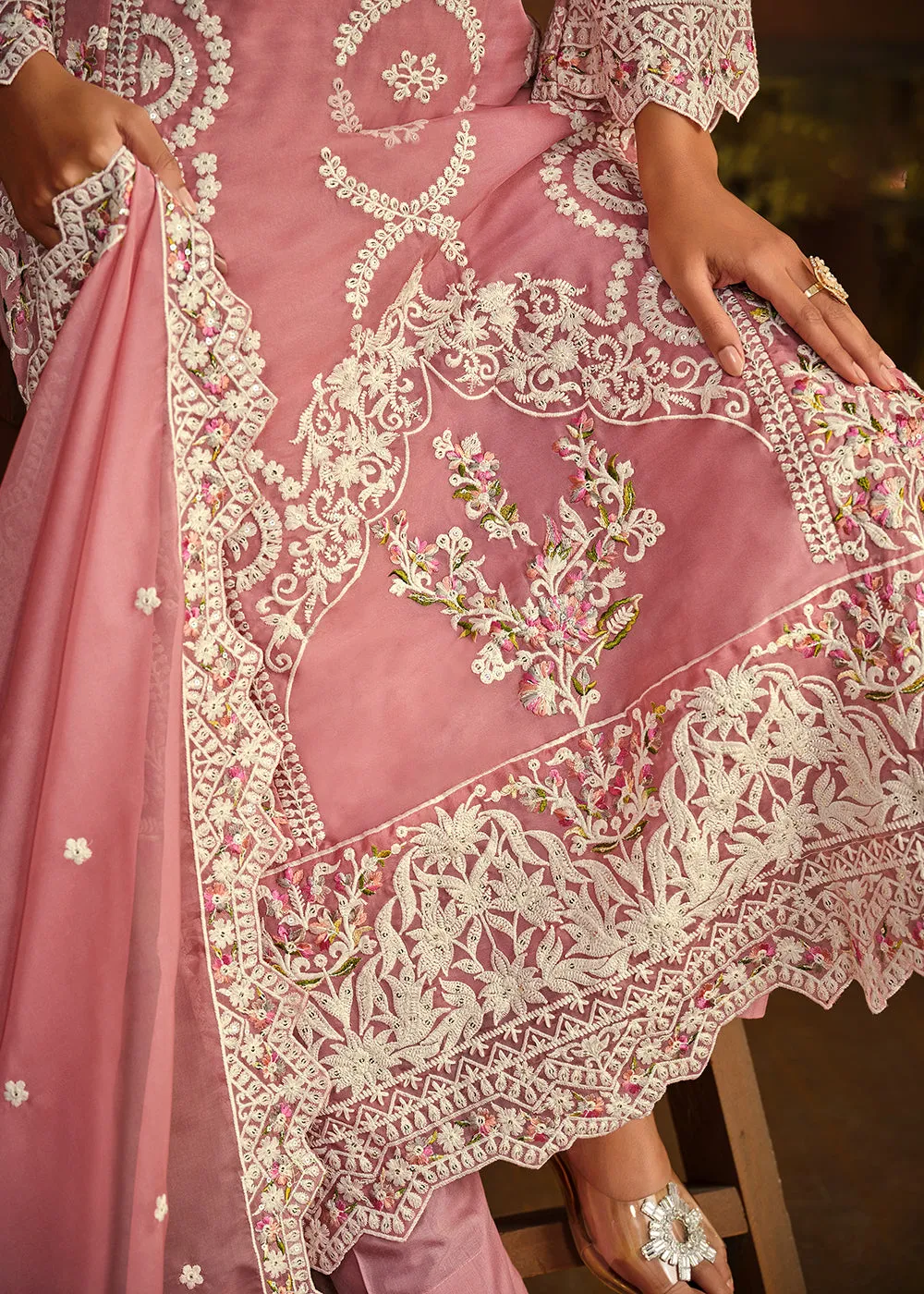 Festive Style Pink Soft Organza Pant Style Salwar Suit