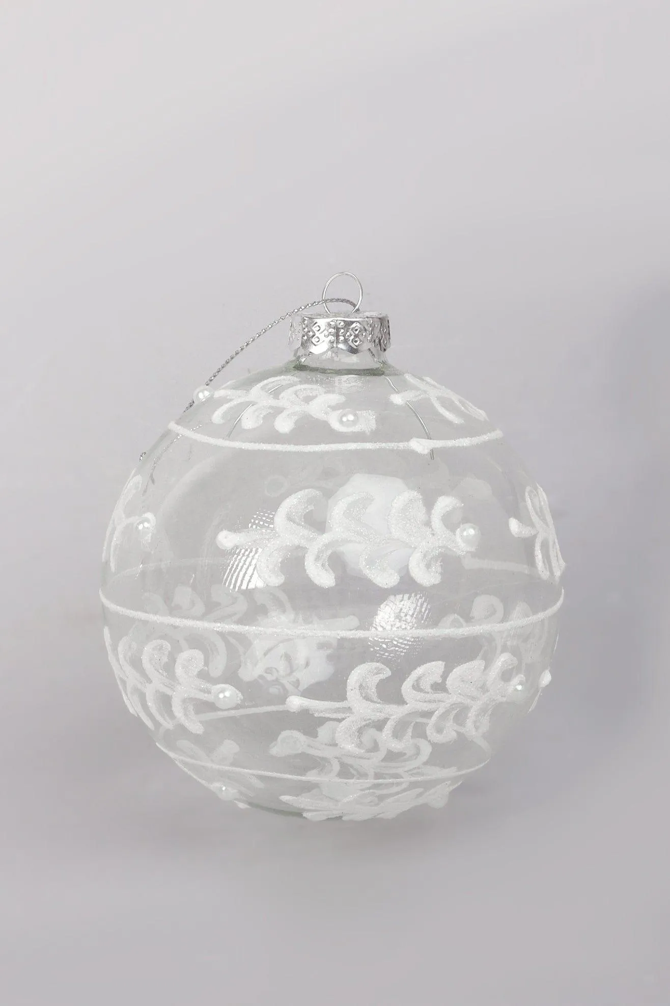 Glass Christmas Tree Bauble with White and Silver Glitter Patterning