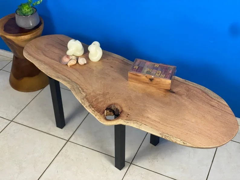 Handcrafted Silky Oak Coffee Table with Black Metal Legs