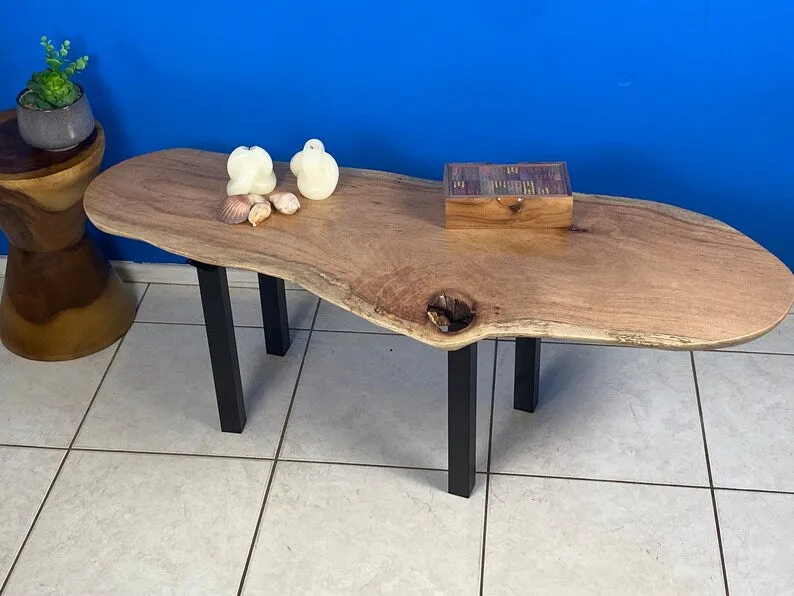 Handcrafted Silky Oak Coffee Table with Black Metal Legs