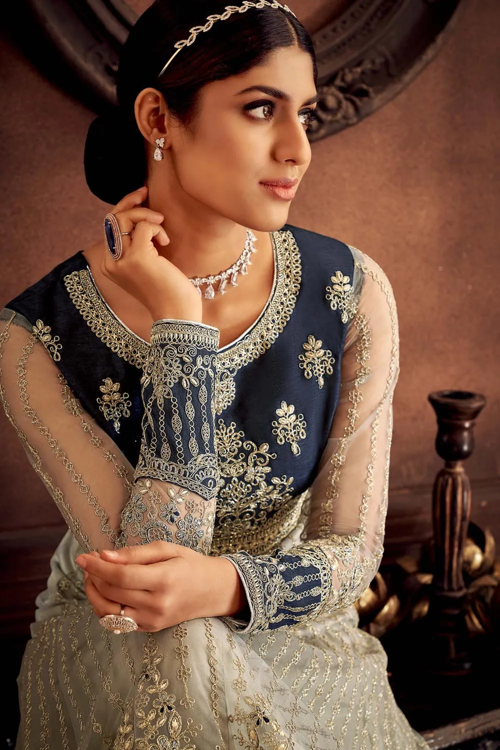 Heavy Embroidered Grey & Blue Net Bridal Anarkali Suit