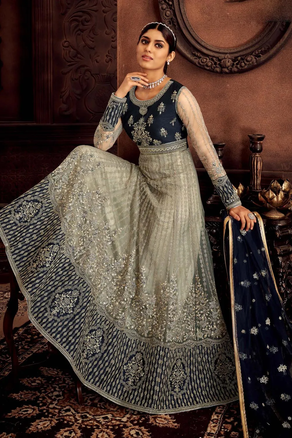 Heavy Embroidered Grey & Blue Net Bridal Anarkali Suit