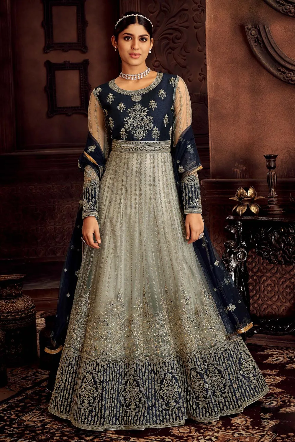 Heavy Embroidered Grey & Blue Net Bridal Anarkali Suit