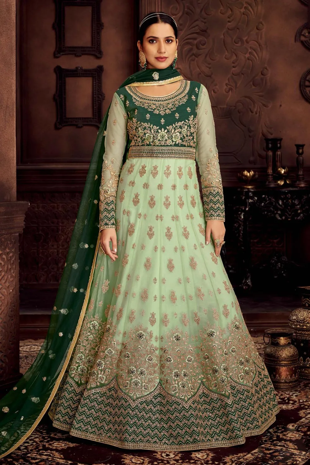 Heavy Embroidered Mint Green Net Bridal Anarkali Suit