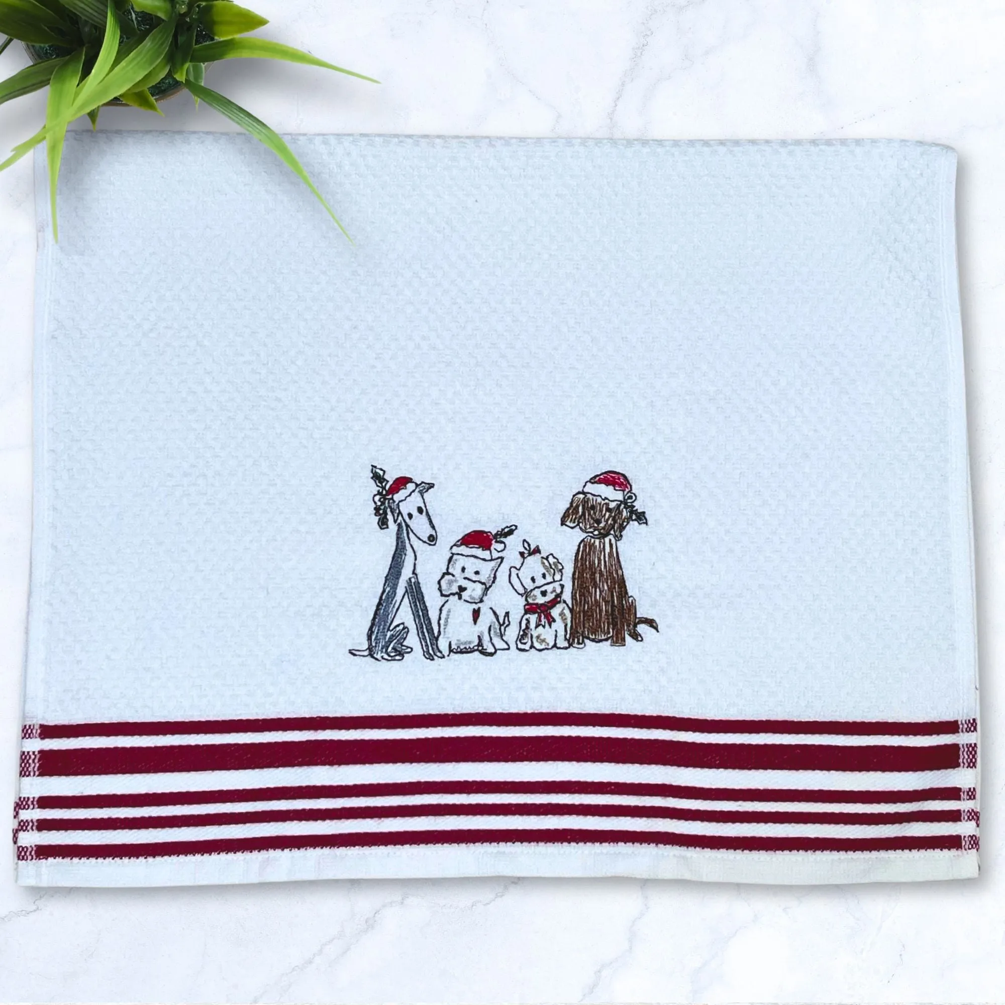 Holiday Doodle Hounds Red Stripes Kitchen Hand Towel