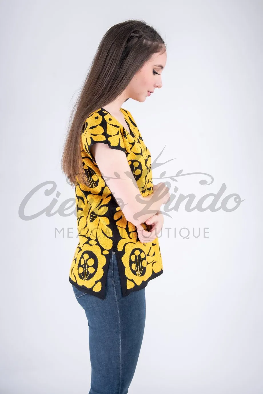 Jalapa Black Top with Gold Embroidery