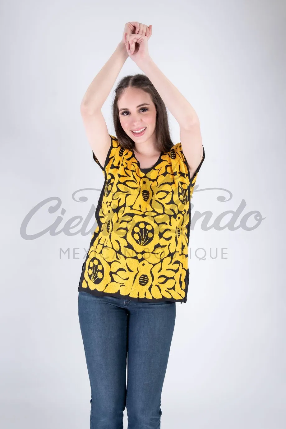 Jalapa Black Top with Gold Embroidery