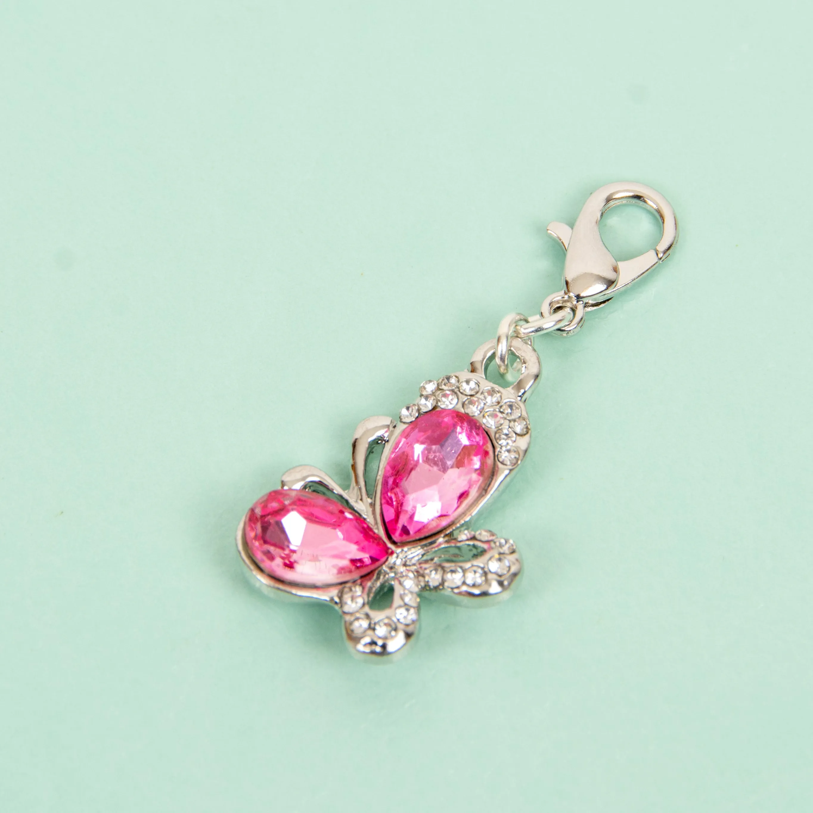 Jeweled Butterfly Charm with Pink Crystals and Rhinestone Accents