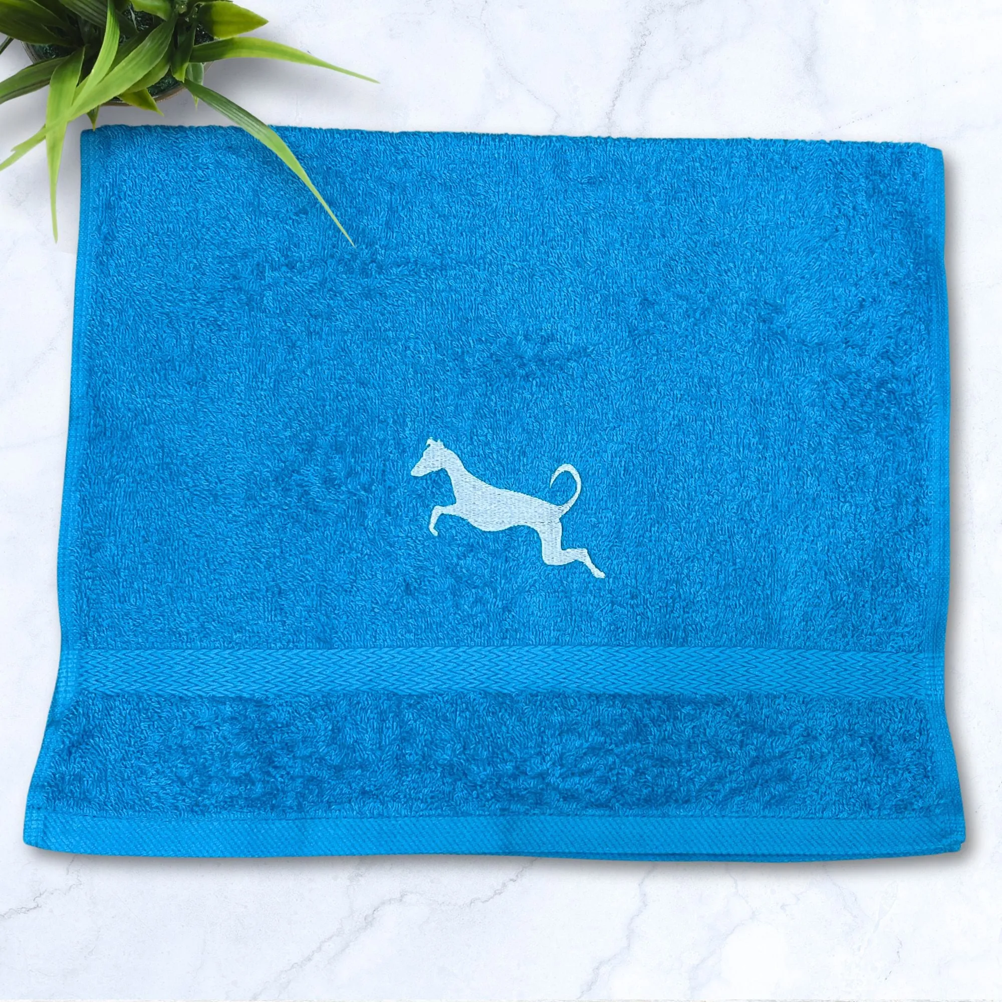 Leaping Iggy Greyhound Whippet Galgo Turquoise Hand Towel