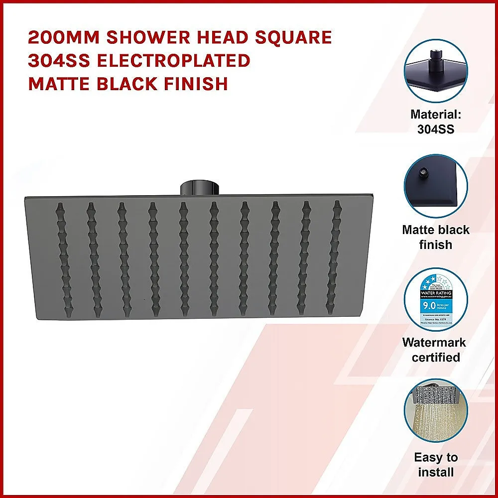 Matte Black Cascade Square Rain Shower Head 200mm 304SS