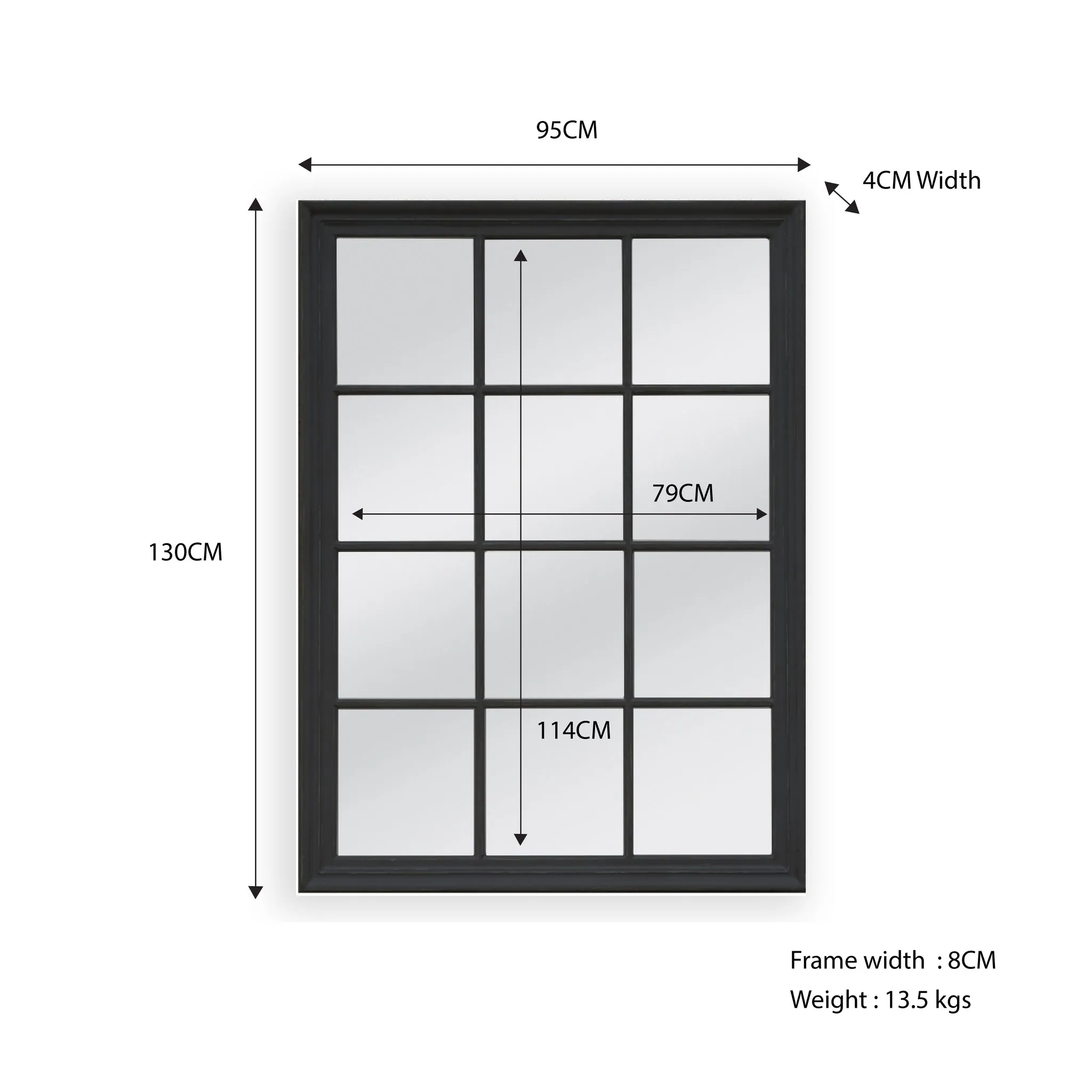 Matte Black Window Style Mirror 95x130cm, Wood Frame