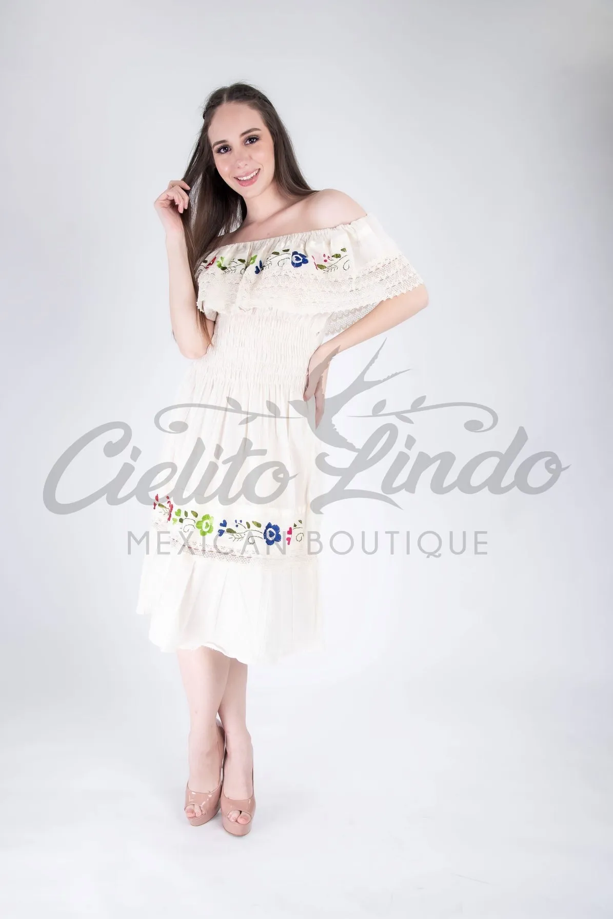 Mexican Campesina Midi Dress Cream