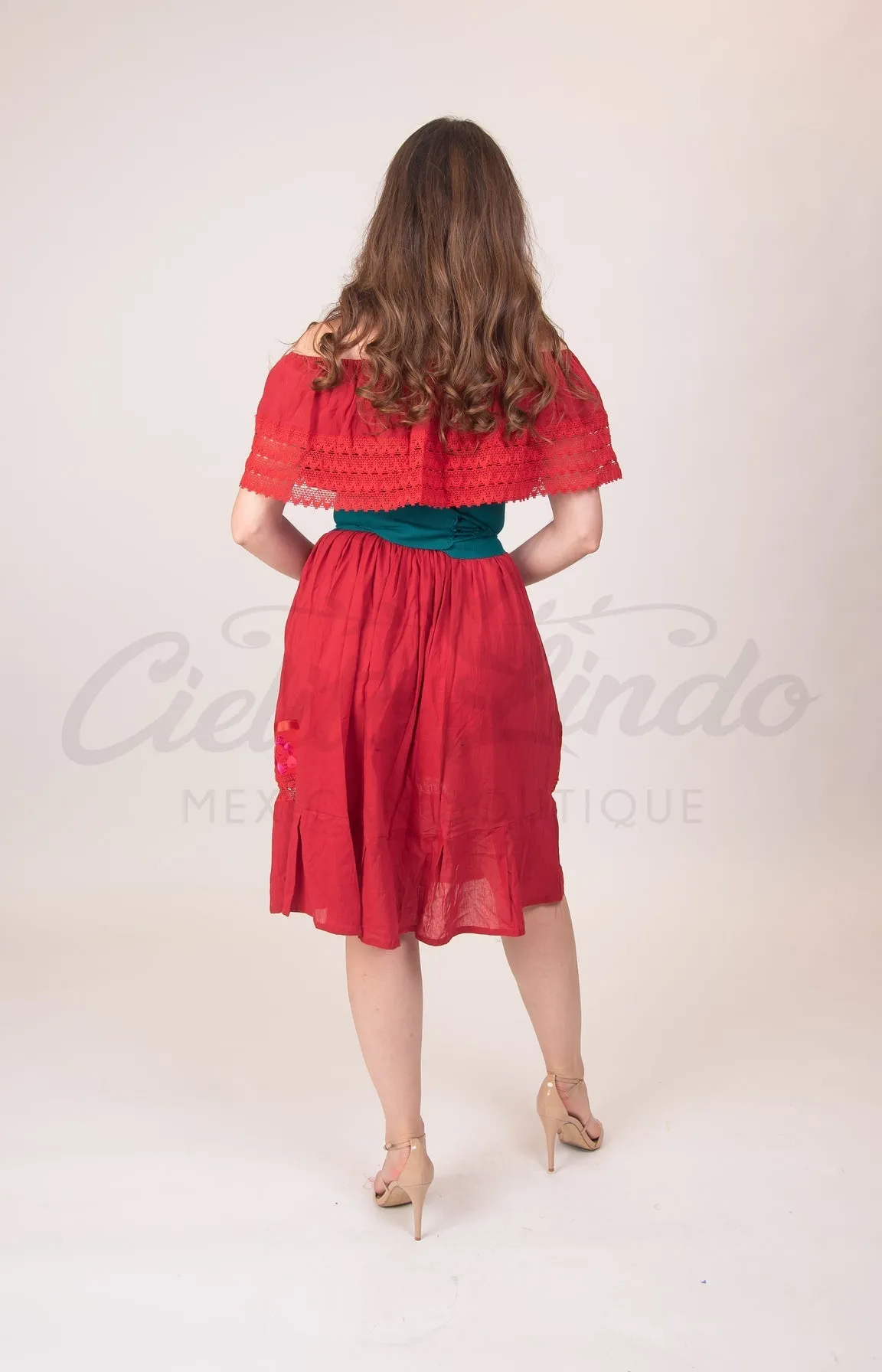 Mexican Campesina Midi Dress Red