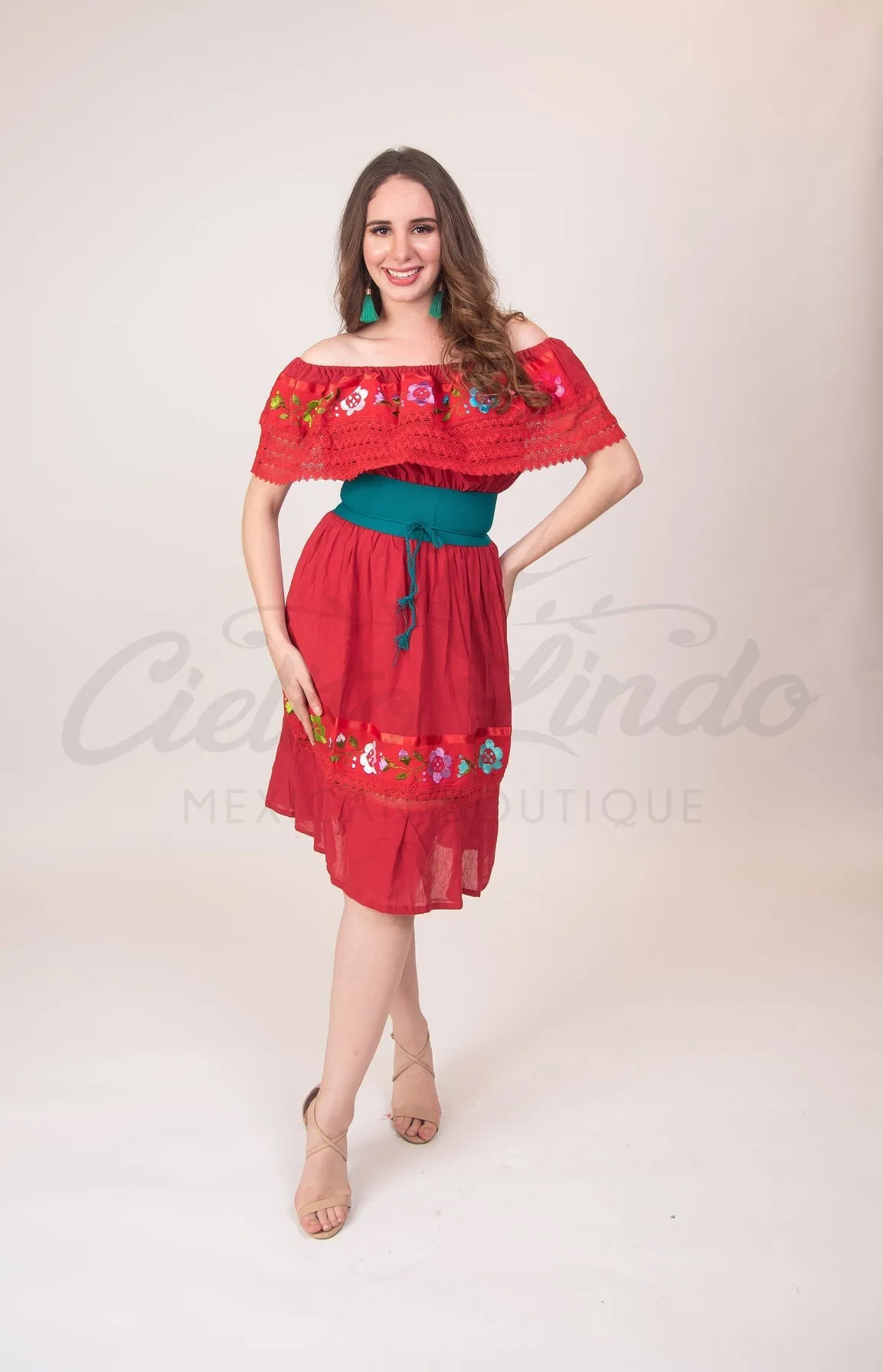 Mexican Campesina Midi Dress Red