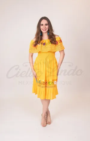 Mexican Campesina Midi Dress Yellow