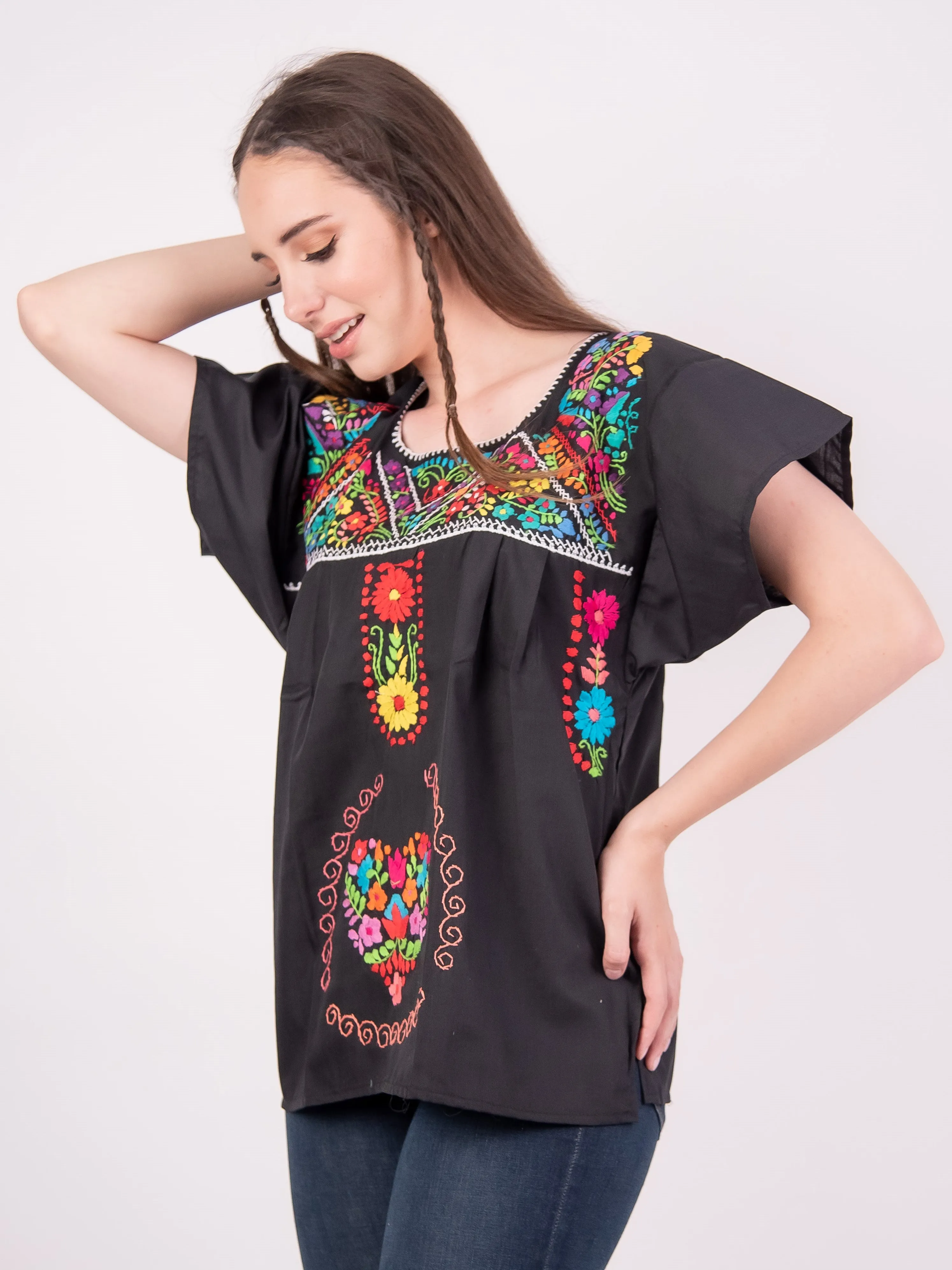 Mexican Tehuacan Full Embroidered Blouse Black