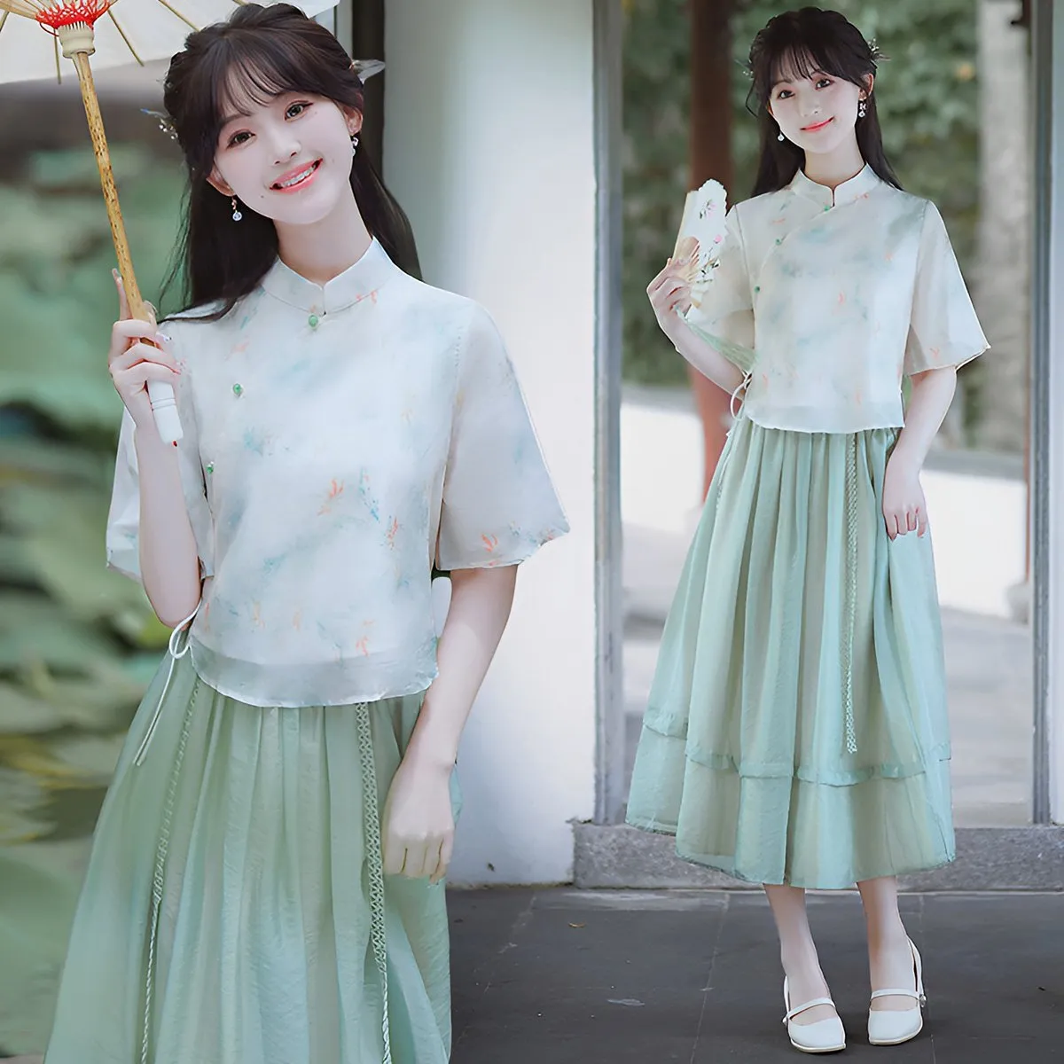 Mint Green Women's Cheongsam Two Piece Set