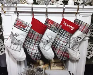 Modern Plaid Woodland Christmas Stockings Personalized with Embroidery or Wooden Tags