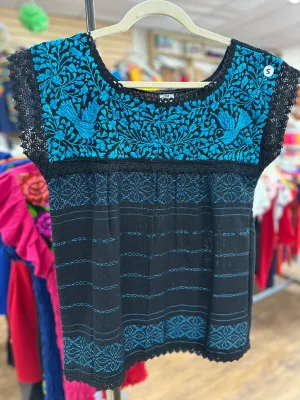 Oaxaca Paloma Blouse Black with Blue