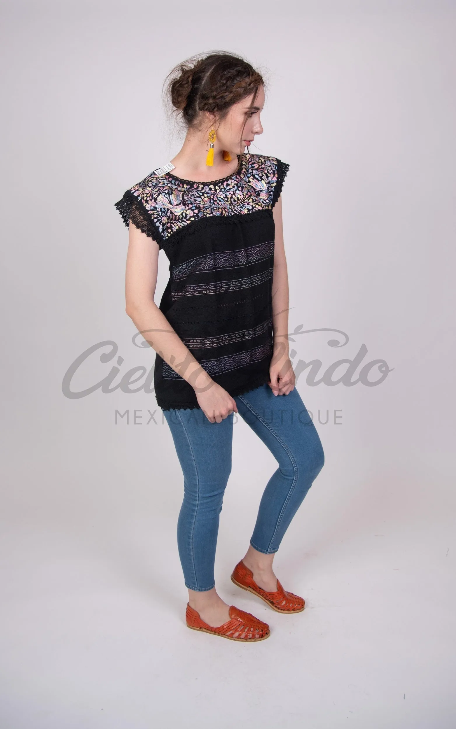 Oaxaca Paloma Blouse Black with Pastels