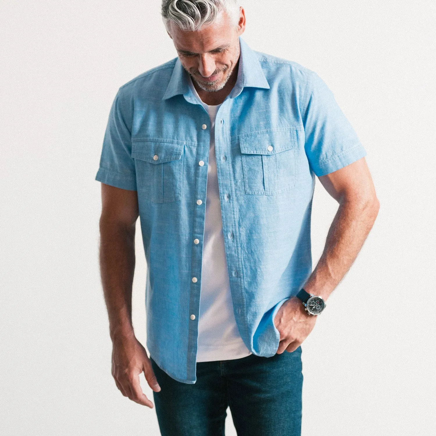 Primer Short Sleeve Utility Shirt – Classic Blue Slub Chambray