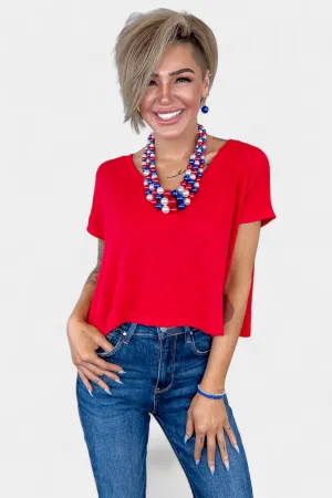 Red V Neck Short Sleeve Crop Top