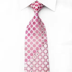 Renoma Men's Crystal Rhinestone Silk Necktie Pink Circles On White With Silver Sparkles