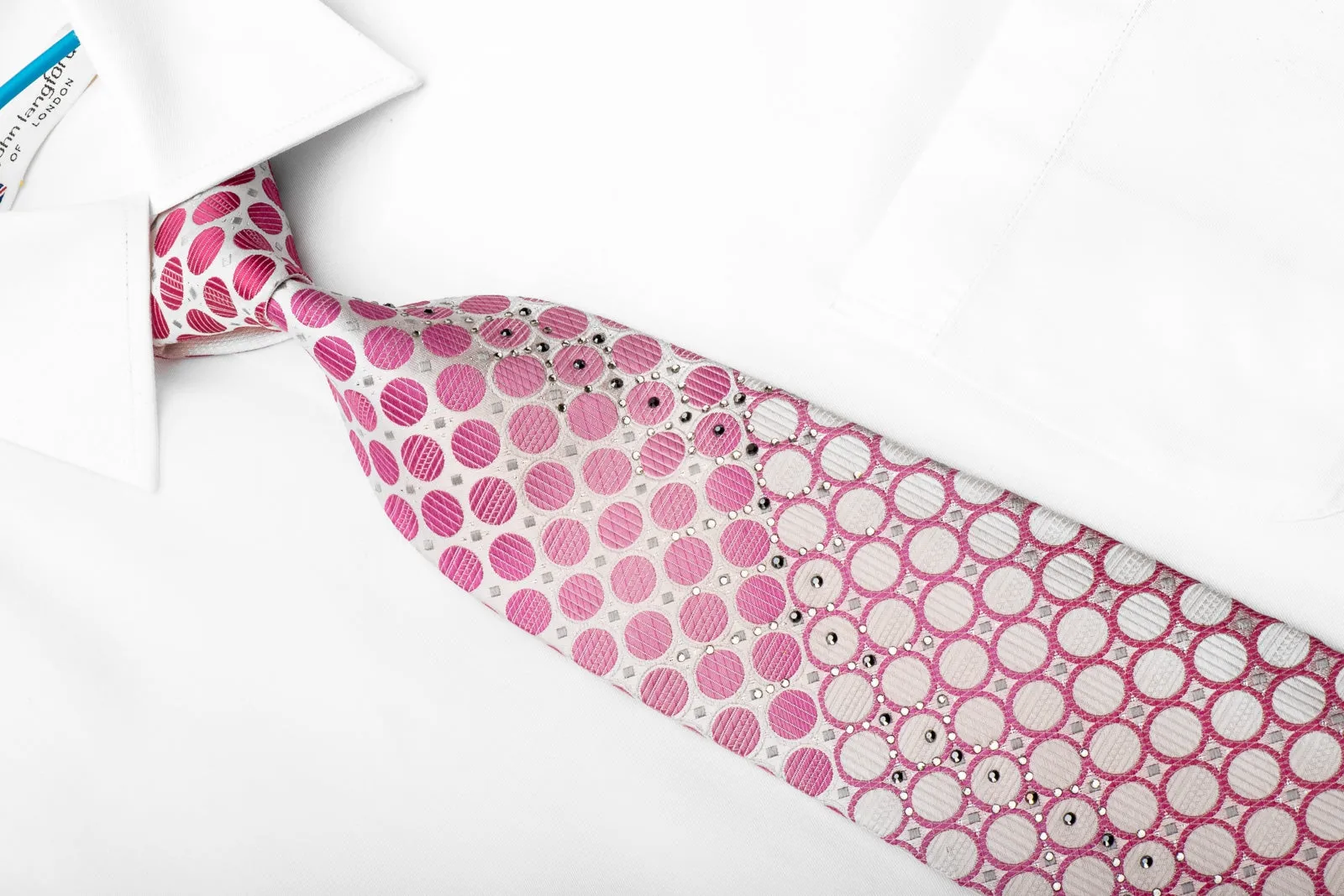 Renoma Men's Crystal Rhinestone Silk Necktie Pink Circles On White With Silver Sparkles