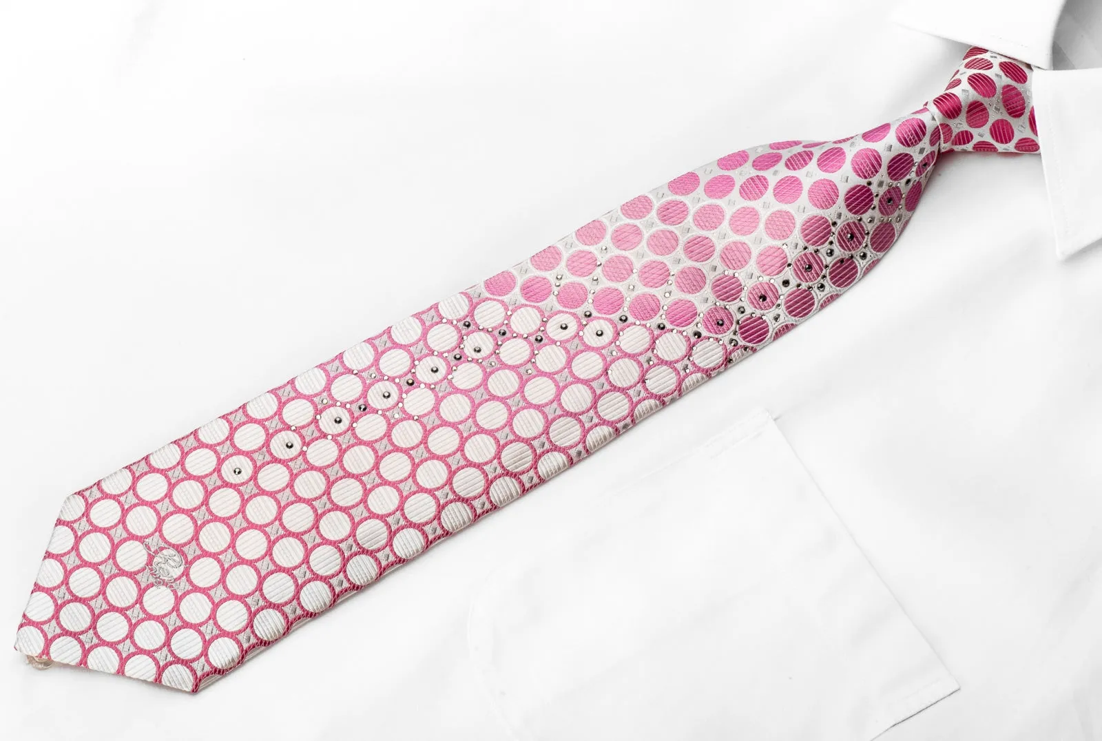 Renoma Men's Crystal Rhinestone Silk Necktie Pink Circles On White With Silver Sparkles